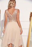 Sparkly Apricot A Line V Neck Chiffon Asymmetrical Cocktail Dress