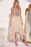 Sparkly Apricot A Line V Neck Chiffon Asymmetrical Cocktail Dress