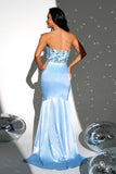 Sparkly Blue Strapless Mermaid Maxi Dress with Slit