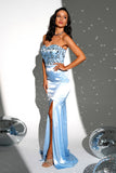 Sparkly Blue Strapless Mermaid Maxi Dress with Slit