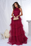 Burgundy Halter Tiered Tulle A Line Maxi Dress