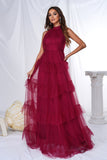 Burgundy Halter Tiered Tulle A Line Maxi Dress