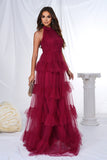 Burgundy Halter Tiered Tulle A Line Maxi Dress