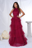 Burgundy Halter Tiered Tulle A Line Maxi Dress