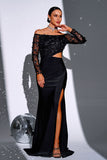 Black Cut Out Mermaid Off the Shoulder Appliques Long Sleeves Maxi Dress with Slit