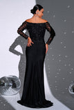 Black Cut Out Mermaid Off the Shoulder Appliques Long Sleeves Maxi Dress with Slit