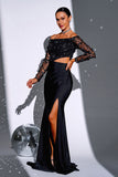 Black Cut Out Mermaid Off the Shoulder Appliques Long Sleeves Maxi Dress with Slit