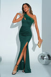 Mermaid Green One Shoulder Maxi Dress with Slit