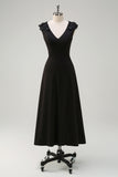 Black V Neck A Line Tea-Length Dress with Appliques