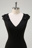 Black V Neck A Line Tea-Length Dress with Appliques