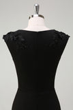 Black V Neck A Line Tea-Length Dress with Appliques