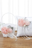 White Wedding Basket and Pillow Set with Pink Flower