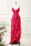 Red Flower Ruffled Spaghetti Straps Asymmetrical Dress