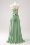 Dusty Sage Lace-up Back A Line Bridesmaid Dress with Slit