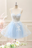 Elegant Blue A Line Corset Mini Dress with Appliques