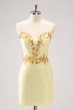 Sparkly Yellow Spaghetti Straps Corset Sequins Tight Mini Dress