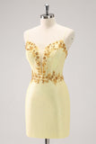 Sparkly Yellow Spaghetti Straps Corset Sequins Tight Mini Dress