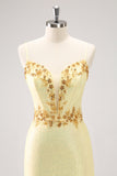 Sparkly Yellow Spaghetti Straps Corset Sequins Tight Mini Dress