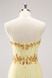 Sparkly Yellow Spaghetti Straps Corset Sequins Tight Mini Dress