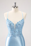 Glitter Blue Appliques Corset Satin Tight Mini Dress with Lace up Back