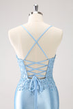 Glitter Blue Appliques Corset Satin Tight Mini Dress with Lace up Back