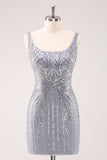 Sparkly Grey Square Neck Tight Mini Dress with Sequins