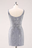 Sparkly Grey Square Neck Tight Mini Dress with Sequins