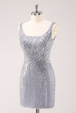 Sparkly Grey Square Neck Tight Mini Dress with Sequins