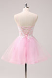 Pink A Line Spaghetti Straps Tulle Corset Mini Dress with Appliques