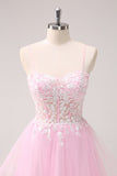 Pink A Line Spaghetti Straps Tulle Corset Mini Dress with Appliques