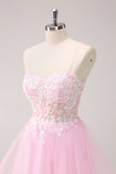 Pink A Line Spaghetti Straps Tulle Corset Mini Dress with Appliques