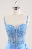 Blue Spaghetti Straps Corset Floral Tight Mini Dress