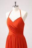 Orange Halter Ruched A Line Maxi Bridesmaid Dress