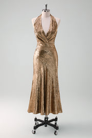 Glitter Golden Halter Sheath Tea Length Dress