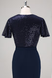 Sparkly Navy Sequined Ruched Wrap Dress with Short Sleeves