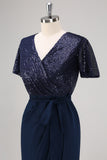 Sparkly Navy Sequined Ruched Wrap Dress with Short Sleeves