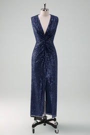 Sparkly Navy V Neck Sheath Tea Length Dress with Slit