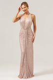 Sparkly Blush Mermaid Halter Backless Long Prom Dress