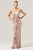 Sparkly Blush Mermaid Halter Backless Long Prom Dress