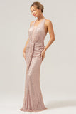 Sparkly Blush Mermaid Halter Backless Long Prom Dress