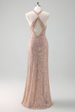 Sparkly Blush Mermaid Halter Backless Long Prom Dress