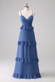 Dark Blue A Line Tiered Ruffle Maxi Dress with Lace-Up Back