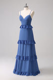 Dark Blue A Line Tiered Ruffle Maxi Dress with Lace-Up Back