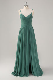 Eucalyptus Spaghetti Straps Pleated Ruffles A Line Maxi Dress with Slit