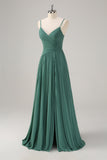 Eucalyptus Spaghetti Straps Pleated Ruffles A Line Maxi Dress with Slit