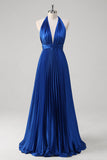 Royal Blue Pleated Halter Backless Bridesmaid Dress