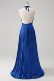 Royal Blue Pleated Halter Backless Bridesmaid Dress