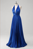 Royal Blue Pleated Halter Backless Bridesmaid Dress