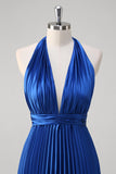 Royal Blue Pleated Halter Backless Bridesmaid Dress