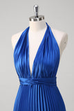 Royal Blue Pleated Halter Backless Bridesmaid Dress